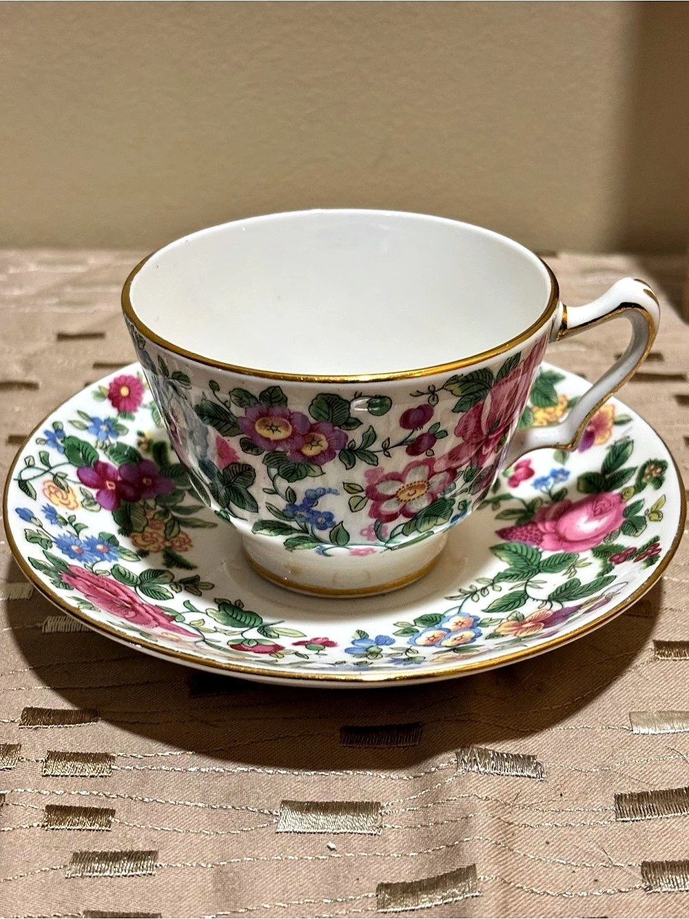 Staffordshire Floral Teacup and Saucer Set in White & Multicolor Flowers